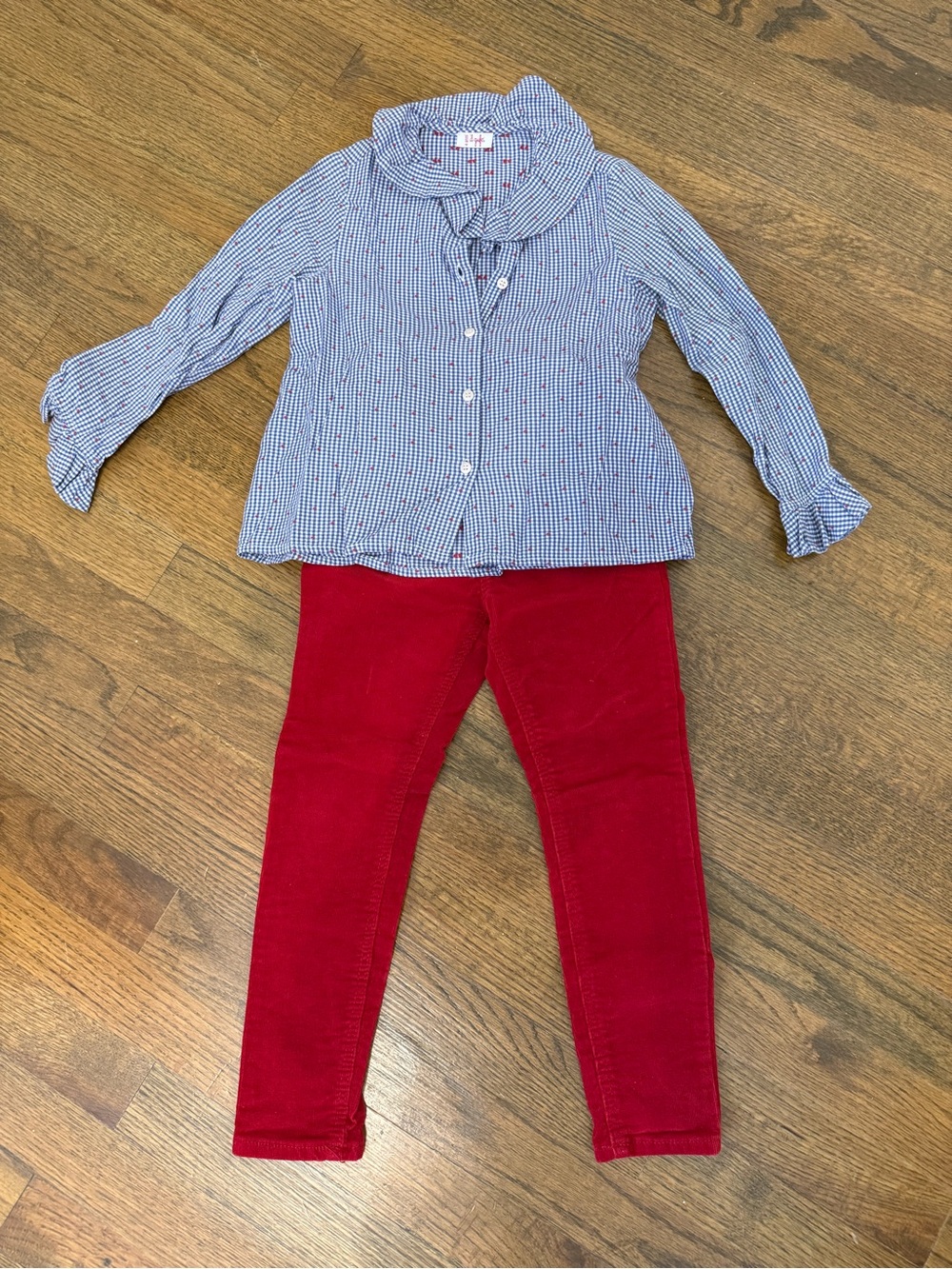 Girls Blue Gingham Ruffle Collar Shirt and Red jeans Set